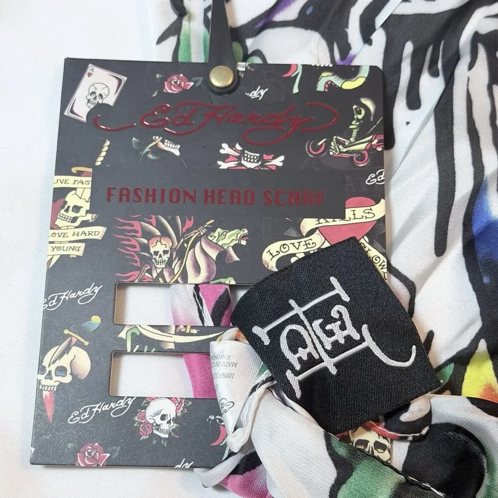 Ed Hardy Y2K Skull Butterfly Roses Logo Print Scarf NWT